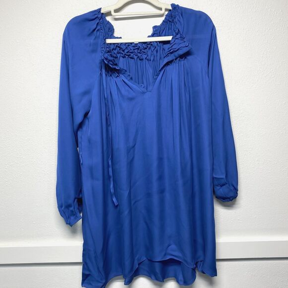 Wai Ming 100% Silk Blue Lattice Detailed Long Sleeve Dress Missing Belt Small - Picture 1 of 9